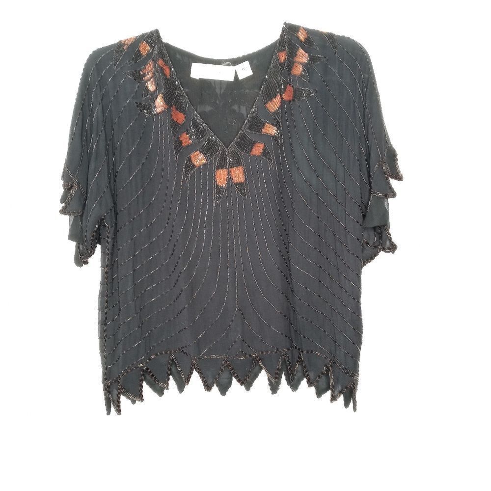 Vintage Anne Katrine silk beaded blouse size medium